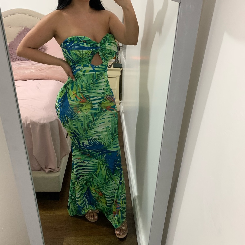 Bandeau green tropical maxi dress
